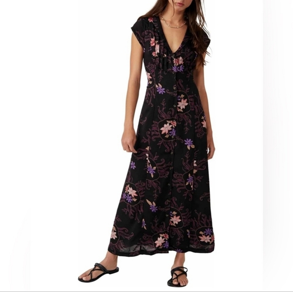 EUC Free People Black Floral Rosemary Printed Button-Down Midi Dress Size L - Picture 3 of 12
